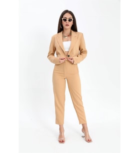 Çift Peto Cepli Kısa Crop Blazer Ceket - Camel