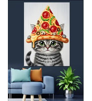 Pizza Şapkalı Kedi Dekoratif Kanvas - Mdf Ahşap Tablo