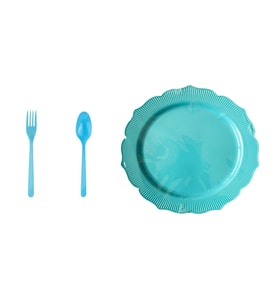Omeyva Mika Plastik Turkuaz Sorfa Piknik Seti - 26 Cm. - 48 Kişilik Tabak Çatal Kaşık Takımı