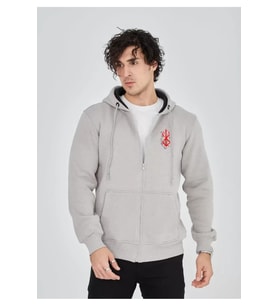 Unisex Baskılı Tam Fermuarlı Kapşonlu SweatShirt - Boyalı Gri
