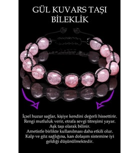 Sertifikalı Gül Kuvars Taşı Bileklik - Makrome (Çok Renkli)