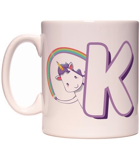 K Harfi Unicorn Boynuzlu At Tasarım Renkli Harfli Kupa Bardak