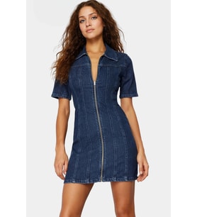 Kısa Kollu Bodycon Denim Elbise Fermuarlı Gömlek Yaka Rahat Günlük Kaliteli İşçilik Kullanım