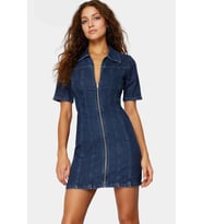 Kısa Kollu Bodycon Denim Elbise Fermuarlı Gömlek Yaka Rahat Günlük Kaliteli İşçilik Kullanım