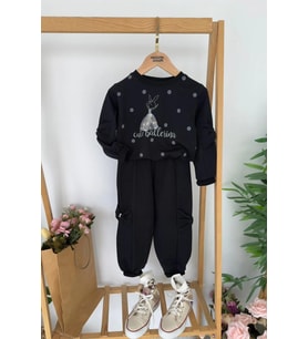 Miniğimin Cicileri Cute Balerina Desenki Fiyonk Detaylı Kız Çocuk 2 li Takım - Siyah