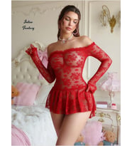 Intive Fantasy Kırmızı Dantelli Degaje Yaka Volan Etekli Asimetrik Kesim Mini Gecelik