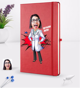 BK Gift Kişiye Özel Kadın Doktor Karikatürlü Kırmızı Termo Deri Defter 16x24cm Model 1