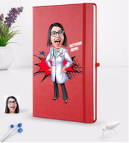BK Gift Kişiye Özel Kadın Doktor Karikatürlü Kırmızı Termo Deri Defter 16x24cm Model 1