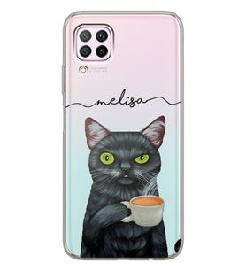 Huawei Kahve İçen Kedi Tasarımlı Şeffaf Telefon Kılıfı