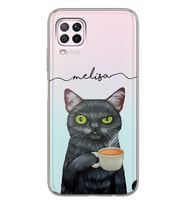 Huawei Kahve İçen Kedi Tasarımlı Şeffaf Telefon Kılıfı