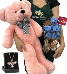 Kişiye Özel 3'lü Peluş Ayıcık Buketi, Renkli Anka Kuşu Kolye ve Pembe Peluş Ayıcık (Model 2)