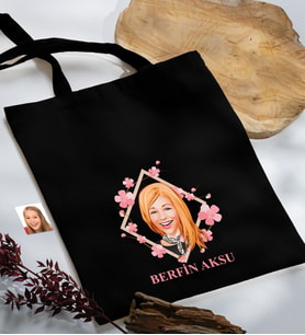 BK Gift Kişiye Özel Anneler Günü Karikatürlü Siyah Kumaş Bez Çanta, Baskılı Omuz Çantası, Alışveriş Çantası, Anneye Hediye-4