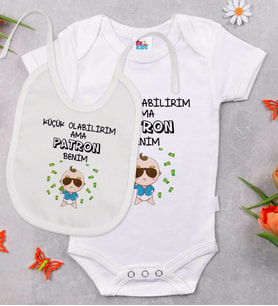 BK Kids Patron Benim Tasarımlı Beyaz Bebek Body Zıbın ve Mama Önlüğü Hediye Seti-1