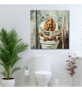 Tekli Kare Kanvas Banyo Tablosu Gazete Okuyan Cocker Köpek