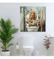 Tekli Kare Kanvas Banyo Tablosu Gazete Okuyan Cocker Köpek