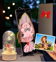 Size Özel Fotoğraflı Kutuda Pembe Peluş Ayıcık ve Led Işıklı Biblolu Fanus (Model 1)