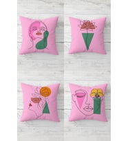 Line Art Yüz Ve Çiçek Desenli Gizli Fermuarlı Kırlent Kılıfı Koltuk Yastık Kılıfı Takım(4adet) (Pembe)
