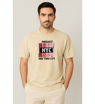 Erkek - Kadın %100 Pamuk New York City Parshey Baskılı Yarım Kollu Bisiklet Yaka T-Shirt (Bej)
