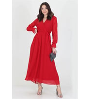 Neşeli Butik Kadın Yeni Sezon Astarlı Kruvaze Yaka Uzun Şifon Elbise NB003 (Kırmızı)