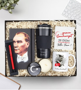 Kişiye Özel Atatürk İmzalı 500 Ml Çelik Termos & Türk Bayrağı Metal Kutulu Mum & Atatürk Baskılı Defter & Kupa & Kırmızı Mat Roller Kalem 29 Ekim Hediye Seti