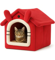 Evi Yumuşak Kedi Yatağı Peluş Derin Uyku Evi, Çıkarılabilir Minderli, Isı Yalıtımlı Kışlık Ev Katlanır Kedi Evi (Kırmızı)