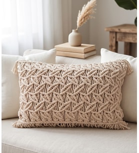 Boho Stil Makrome Dokumalı Püsküllü Dekoratif Kırlent Kılıfı 30x50 cm - Krem