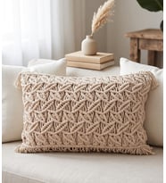 Boho Stil Makrome Dokumalı Püsküllü Dekoratif Kırlent Kılıfı 30x50 cm - Krem