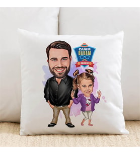 Kişiye Özel Şık Baba ve Kızı Karikatürlü Yastık