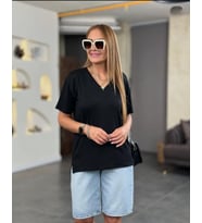 Kadın Kısa Kollu V Yaka Bluz (Siyah)