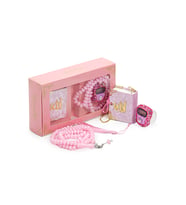 Taşlı Zikirmatikli Mini Kuranlı ve Kristal Taş Tesbihli Hac Umre Hediyelik Set Pembe Renk