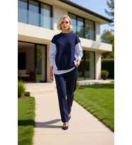 Kadın Alt Üst Oversize Rahat Kesim Örme Sweatshirt Ve Geniş Paça Eşofman Takım Çizgili Dokuma Kumaş (Lacivert)