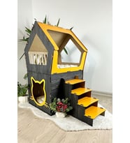 Mavitrend Ahşap Büyük Kedi Evi XXL Açık Teraslı Model 5 Kg Üstü Kediler İçin Sarı- Siyah Renk (Kahverengi)