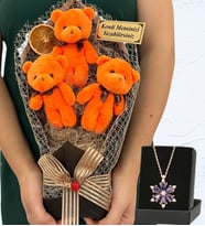 Kişiye Özel Büyük Boy 3'lü Peluş Ayıcık Buketi ve Gerçek Ametist Taşlı Lotus Kolye (Model 4)