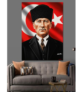 Bayrak Önünde Atatürk Portresi Dekoratif Kanvas - Mdf Ahşap Tablo