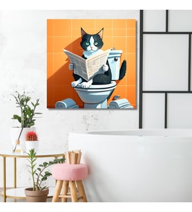 Tekli Kare Kanvas Banyo Tablosu Gazete Okuyan Beyaz Siyah Kedi