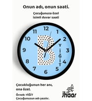 İsme Özel B Harfi Çocuk Odası Duvar Saati Orta Boy 30 cm Siyah Camlı Sessiz