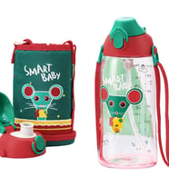 Uzspace Büyük Boy 700ml Kılıflı Askılı Pipetli/pipetsiz Iki Ayrı Kapaklı Tritan Çocuk Matarası (Smart Baby (Kırmızı-Yeşil))