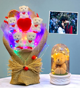 Renkli Led Işıklı Ayıcık Buketi ve Led Işıklı Peluş Ayıcıklı Fanus  Hediye Seti