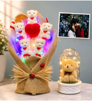 Renkli Led Işıklı Ayıcık Buketi ve Led Işıklı Peluş Ayıcıklı Fanus  Hediye Seti