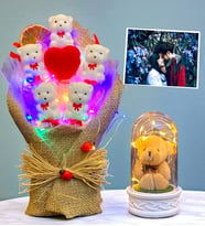 Renkli Led Işıklı Ayıcık Buketi ve Led Işıklı Peluş Ayıcıklı Fanus  Hediye Seti