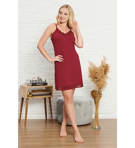 MyBen Kadın Penye Kumaş Bordo Dantelli Tunik Gecelik kry018