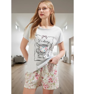 Kadın Pamuklu Çiçekli Pijama Takımı Rahat Yazlık Homewear Seçkin Malzeme Premium Kalite (Mavi)