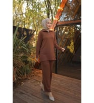 Fermuar Yaka Sade Sweat İkili Takım - (38-46) - 71221 - Kahverengi