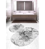 Dijital Baskılı Kaymaz Taban Yıkanabilir Oval 2'li Klozet Takımı Banyo Paspası NOKZ-SD-1035 (Gri)
