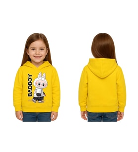 Unisex Baskılı Çocuk Swaetshirt Labubu Baskılı Kapüşonlu 3 İplik Şardonlu (Sarı)