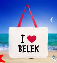 BK Gift I Love Belek Renkli Kulp Kanvas Plaj Çantası 48x40m, Baskılı Omuz Çantası, Alışveriş Çantası (Kırmızı)