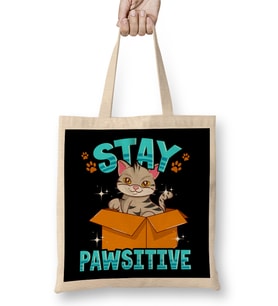Cute & Funny Stay Pawsitive Kitty Cat Positive Pun Bez Çanta Uzun Saplı