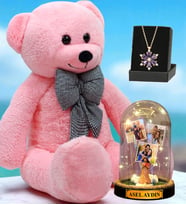 Pembe Peluş Ayıcık, Kişiye Özel Led Işıklı Fanus ve Gerçek Ametist Taşlı Lotus Kolye (Model 9)