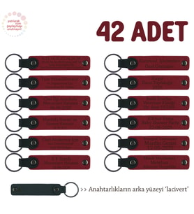 Öğrencilere Okul Hatırası, 42'li Set, İsim Yazılabilir Deri Hediyelik Anahtarlık, Kırmızı & Laci