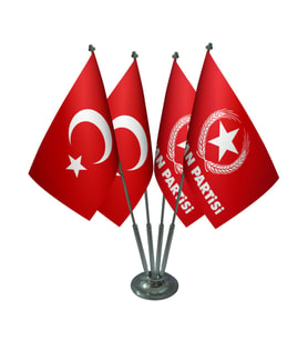 Masa Üstü Vatan Partisi Bayrağı Türk Bayrağı Dörtlü Krom Direk Masa Bayrak Seti